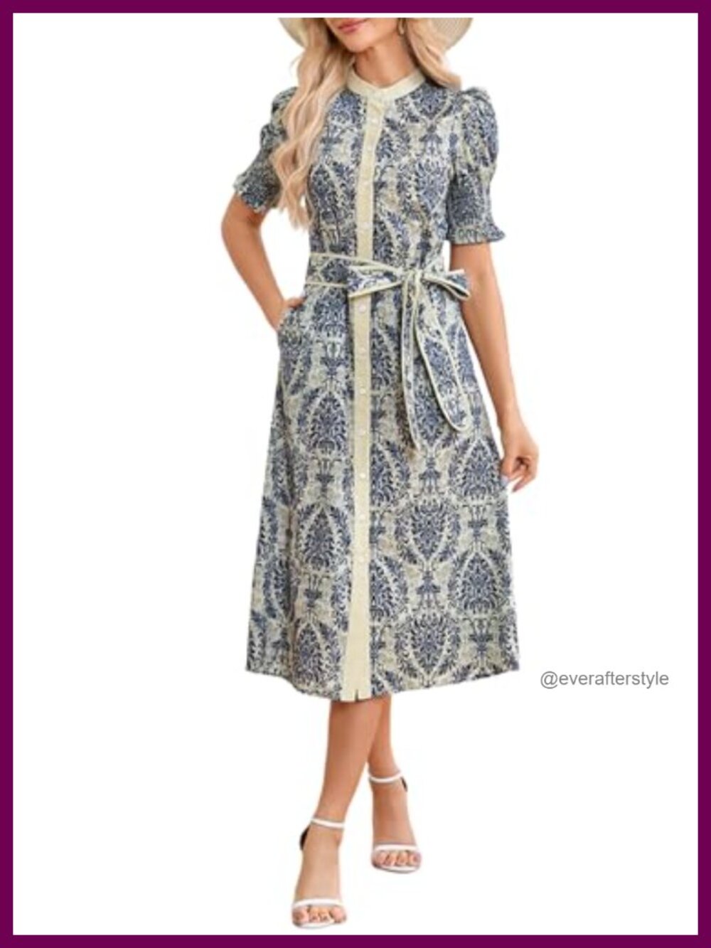 Womens Floral Midi Dress Short Sleeve Button Down Shirt Dress with Belt